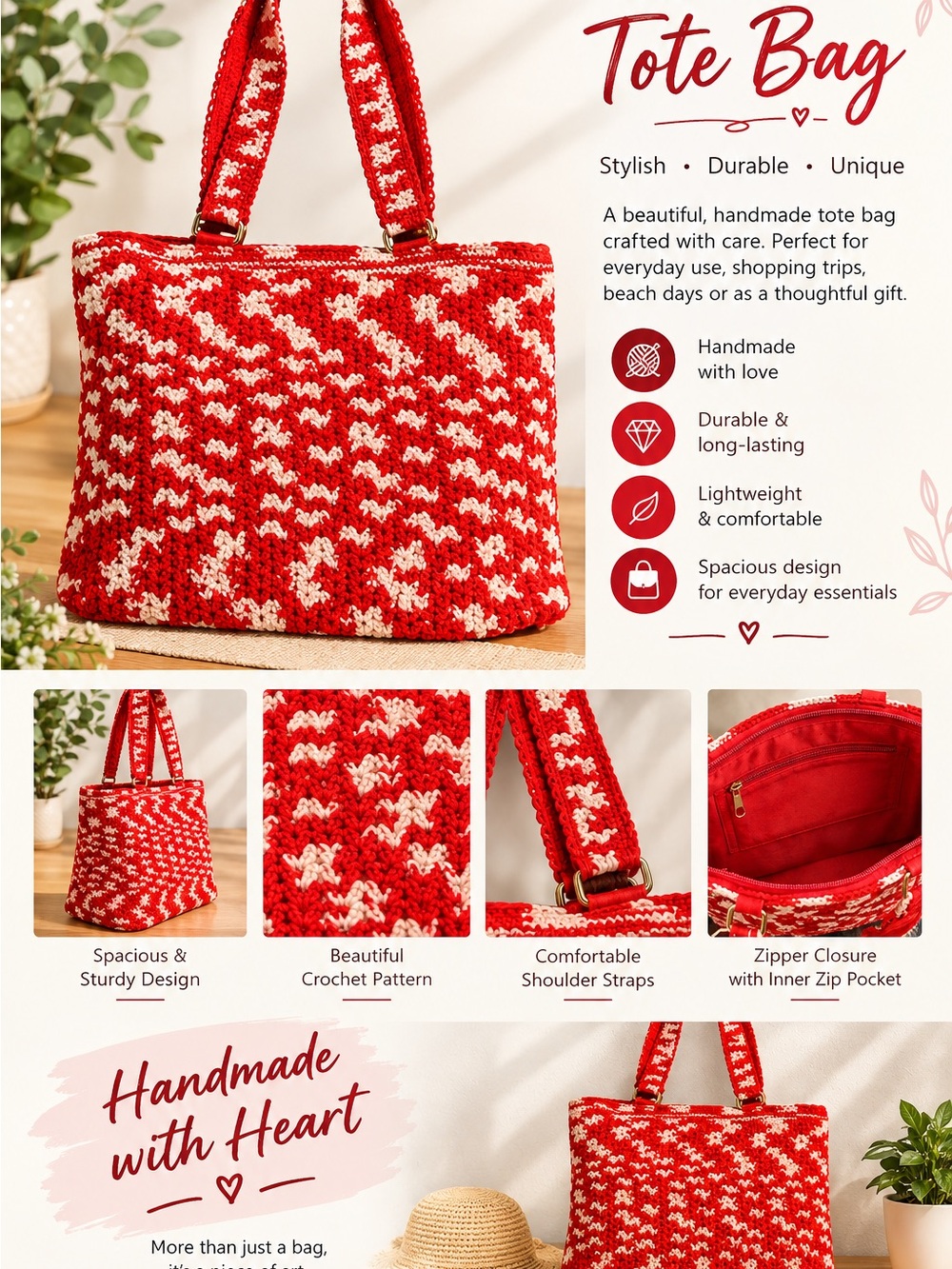 Handcrafted Red Crochet Tote Bag